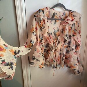 Floral Ruffle Tie Front Blouse